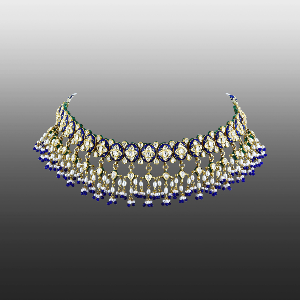 Polki Choker with Enamel, Pearl Bunches, and Blue Bead Accents